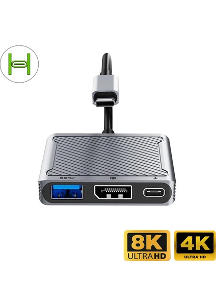 , Apple MacBook Uyumlu 3in1 Display Port Hub Adaptör 8k 60hz Type-C USB Pd 100W.
