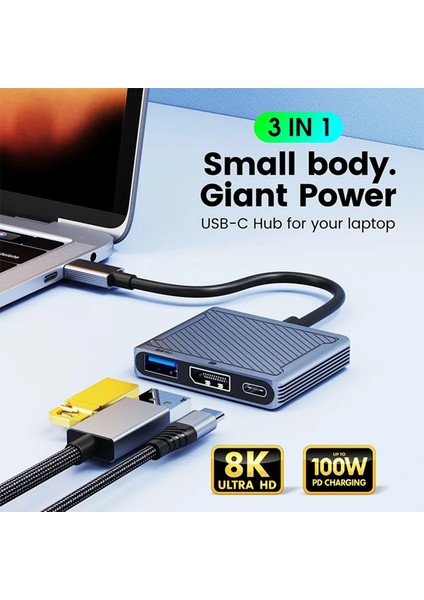, Apple MacBook Uyumlu 3in1 Display Port Hub Adaptör 8k 60hz Type-C USB Pd 100W.