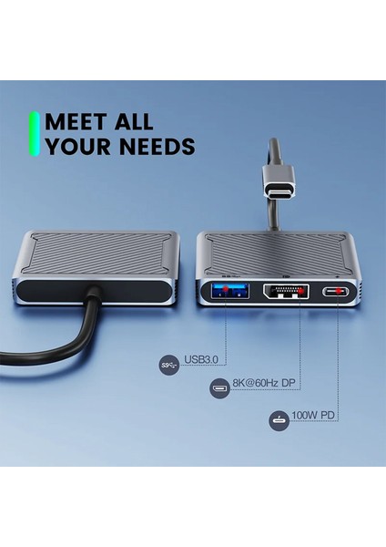 , Apple MacBook Uyumlu 3in1 Display Port Hub Adaptör 8k 60hz Type-C USB Pd 100W.