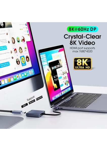 , Apple MacBook Uyumlu 3in1 Display Port Hub Adaptör 8k 60hz Type-C USB Pd 100W.