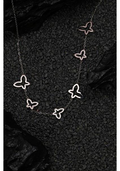 Kadın Çelik Kelebek Model Kolye Gümüş Renk