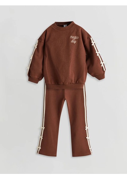 Lcw Kids Kahverengi Bisiklet Yaka Kız Çocuk Baskılı Sweatshirt ve Tayt 2'li