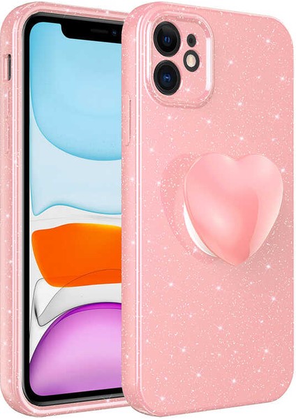 Apple iPhone 11 Kılıf Kamera Korumalı Simli Pop Soketli Lüks Koton Soketli Kapak-Pembe