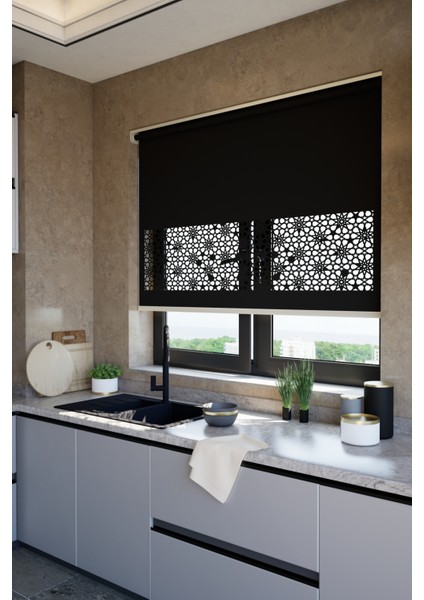 Lazer Kesim Mat Stor Perde, Lazer Kesimli Klasik Serisi, C-101008 Siyah Renk