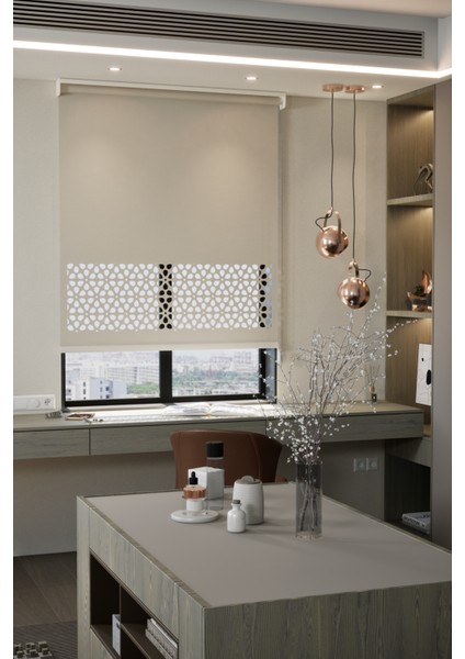 Lazer Kesim Mat Stor Perde, Lazer Kesimli Modern Serisi, M-4002 Ekru Renk