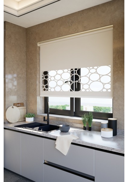 Lazer Kesim Mat Stor Perde, Lazer Kesimli Klasik Serisi, C-5002 Ekru Renk