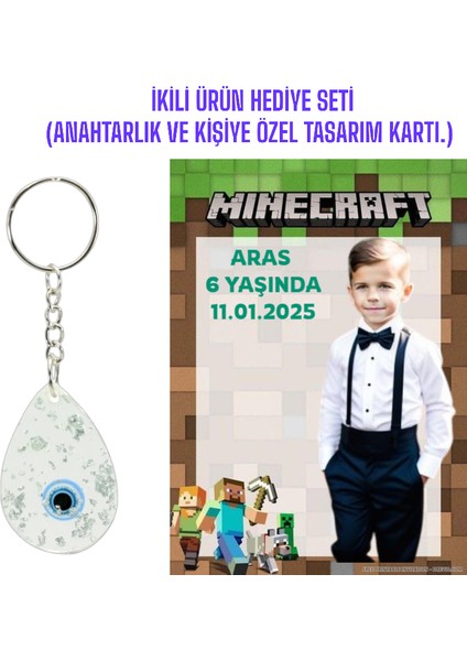 Kişiye Özel Resimli Baskı Kartı ve Anahtarlık Seti. 5 Adet Minecraft Bebek Partisi Baby Sower 1 Yaş Çocuk Doğum Günü Sünnet Mevlit.