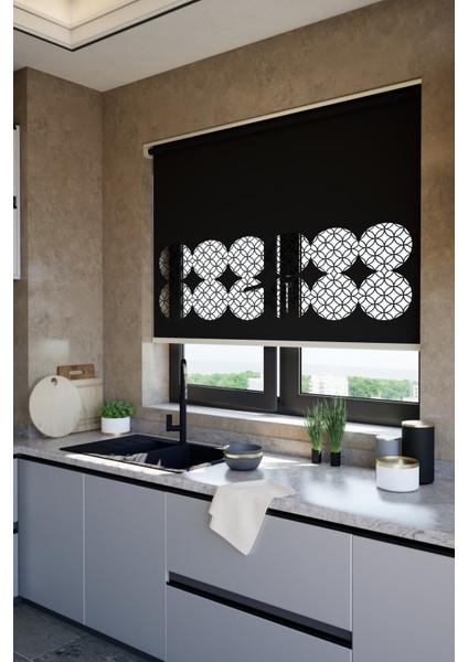 Lazer Kesim Mat Stor Perde, Lazer Kesimli Klasik Serisi, C-141008 Siyah Renk