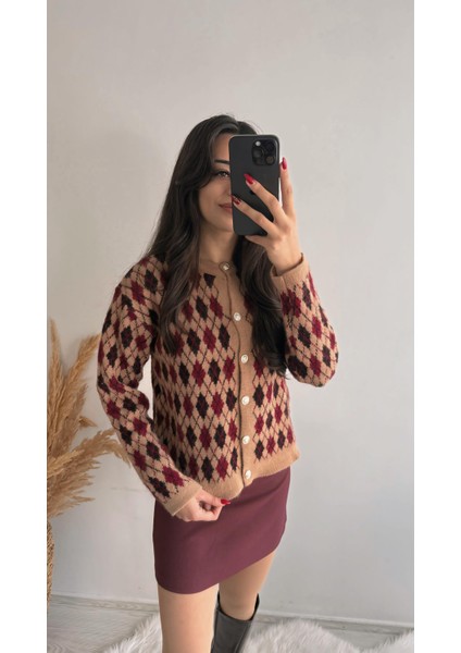 Dore Küçük Baklava Hırka Açık Kahve Kırmızı Renkli