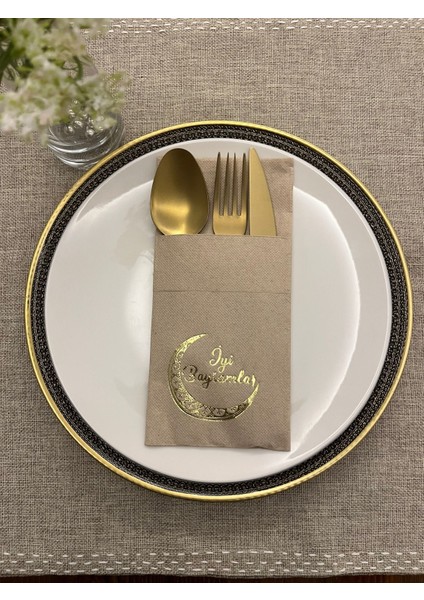 Gold Yaldızlı Kraft Ay Desenli Iyi Bayramlar Cepli Peçete 12 Lı