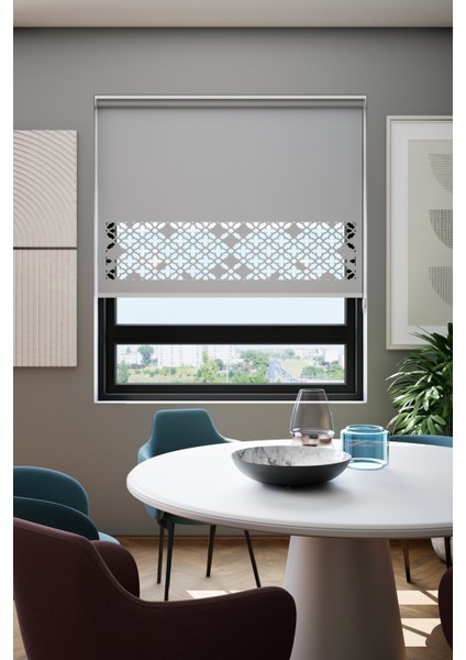 Lazer Kesim Mat Stor Perde, Lazer Kesimli Klasik Serisi, C-131005 Gri Renk