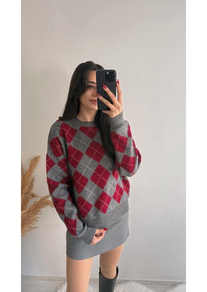 Cotes Küçük Baklava Kazak Gri Bordo