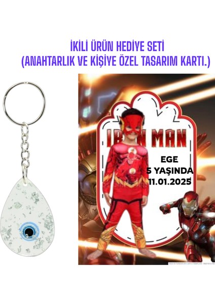 Kişiye Özel Resimli Baskı Kartı ve Anahtarlık Seti. 5 Adet Demir Adam Iron Man Yenilmezler Bebek Partisi Baby Sower 1 Yaş Çocuk Doğum Günü Sünnet Mevlit.