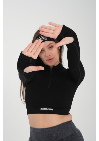 Siyah Uzun Kollu Parmak Geçirme Detaylı Spor Fitness Yoga Kadın Crop Top-Sporcu Üst