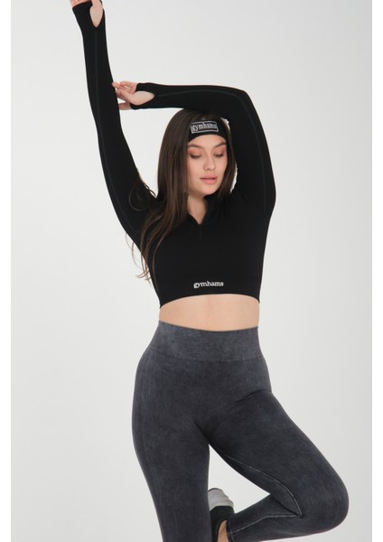 Siyah Uzun Kollu Parmak Geçirme Detaylı Spor Fitness Yoga Kadın Crop Top-Sporcu Üst fiyatları