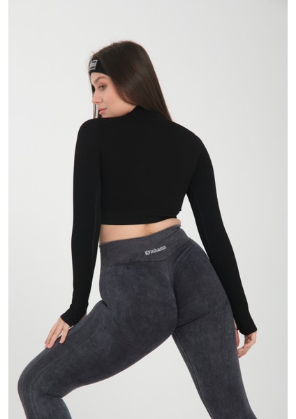 Siyah Uzun Kollu Parmak Geçirme Detaylı Spor Fitness Yoga Kadın Crop Top-Sporcu Üst fırsatları