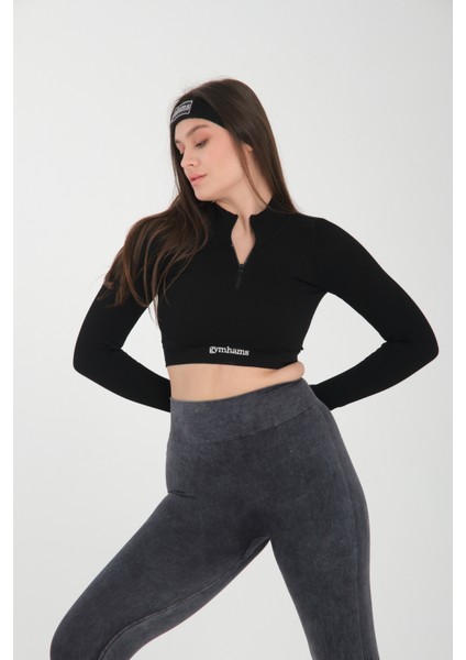 Siyah Uzun Kollu Parmak Geçirme Detaylı Spor Fitness Yoga Kadın Crop Top-Sporcu Üst indirimleri