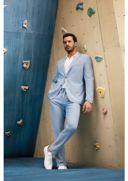 Super Slim Fit Ekstra Dar Kesim Beli Lastikli İpli Gofre Likralı Klasik Kumaş Pantolon