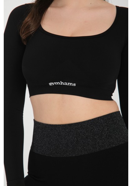 Siyah Uzun Kollu Parmak Geçirme Detaylı Spor Fitness Yoga Kadın Crop Top-Sporcu Üst