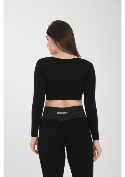 Siyah Uzun Kollu Parmak Geçirme Detaylı Spor Fitness Yoga Kadın Crop Top-Sporcu Üst fiyatları