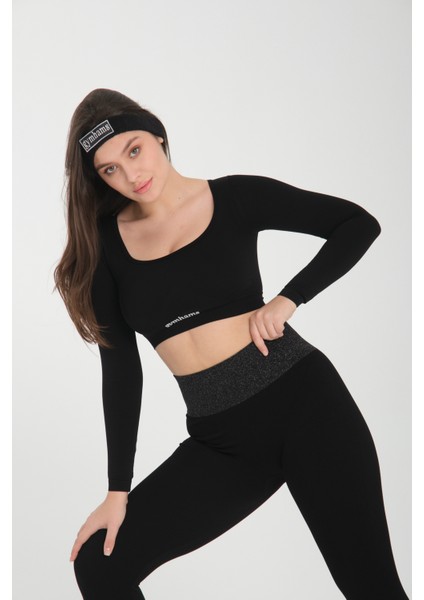 Siyah Uzun Kollu Parmak Geçirme Detaylı Spor Fitness Yoga Kadın Crop Top-Sporcu Üst modelleri