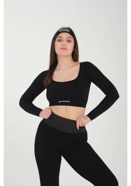 Siyah Uzun Kollu Parmak Geçirme Detaylı Spor Fitness Yoga Kadın Crop Top-Sporcu Üst fırsatları