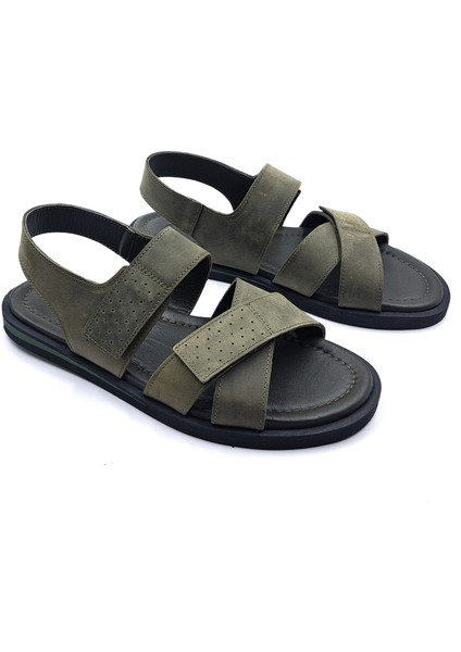 Olite H2515 Hafif Tasarım Konfor Deri Haki Yeşil Erkek Cırtlı Sandalet