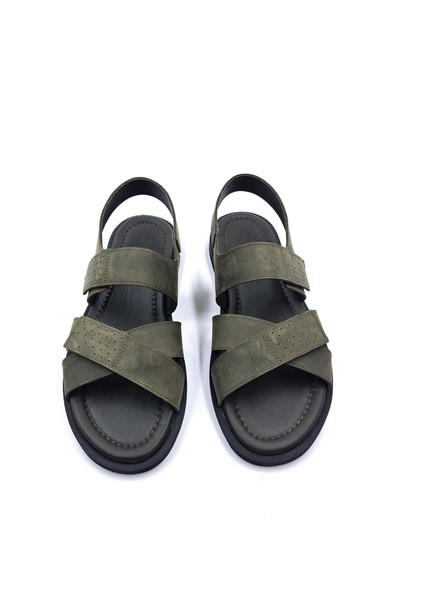 Olite H2515 Hafif Tasarım Konfor Deri Haki Yeşil Erkek Cırtlı Sandalet modelleri