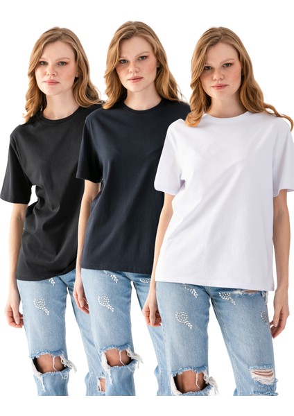 3lü Tişört, Unisex T-Shirt, Kısa Kollu Oversize T-Shirt, Pamuklu Siyah Bisiklet Yaka Oversize Tişör, Kadın Tişört, Erkek Tişört
