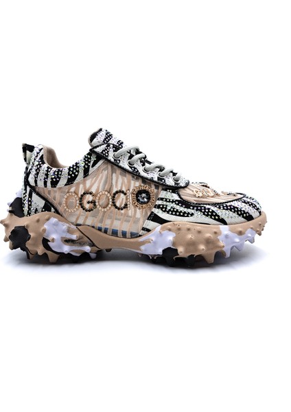 G25Y338 Özel Tasarım Zebra Detay Taşlı Bej Renk Şık Spor Sneaker Ayakkabı