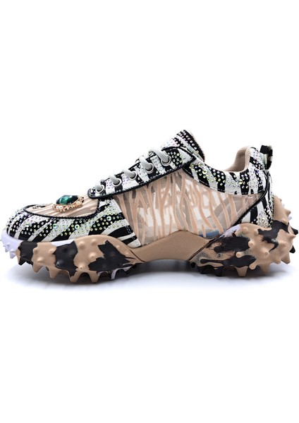 G25Y338 Özel Tasarım Zebra Detay Taşlı Bej Renk Şık Spor Sneaker Ayakkabı