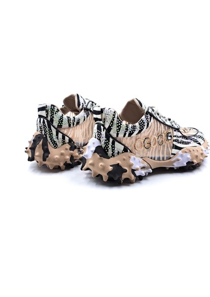 G25Y338 Özel Tasarım Zebra Detay Taşlı Bej Renk Şık Spor Sneaker Ayakkabı