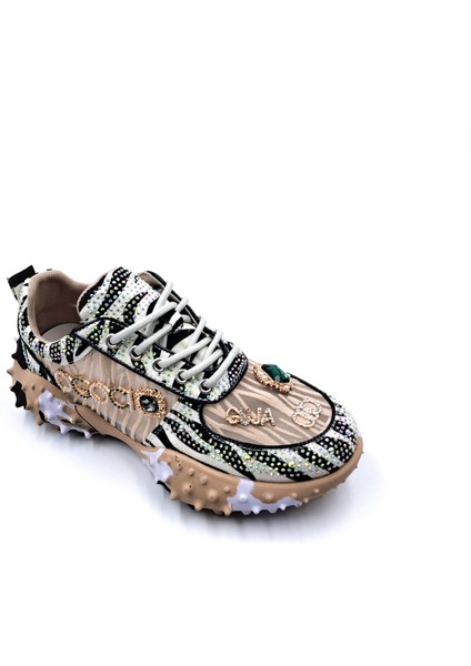G25Y338 Özel Tasarım Zebra Detay Taşlı Bej Renk Şık Spor Sneaker Ayakkabı