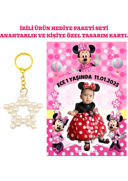 Kişiye Özel Resimli Baskı Kartı ve Anahtarlık Seti. 5 Adet Minnie Mouse Mini Fare Bebek Partisi Baby Sower 1 Yaş Çocuk Doğum Günü Sünnet Mevlit.