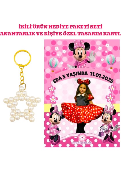 Kişiye Özel Resimli Baskı Kartı ve Anahtarlık Seti. 5 Adet Minnie Mouse Mini Fare Bebek Partisi Baby Sower 1 Yaş Çocuk Doğum Günü Sünnet Mevlit.