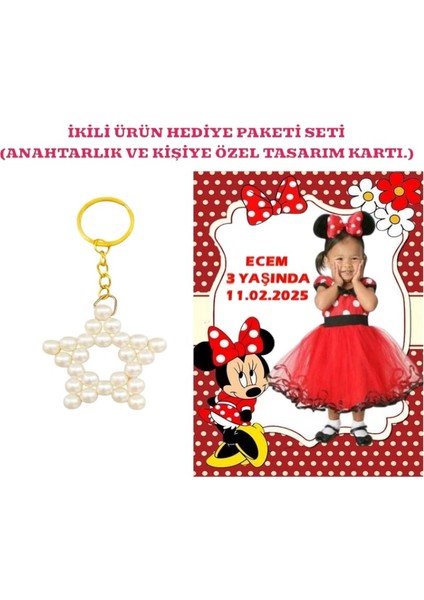 Kişiye Özel Resimli Baskı Kartı ve Anahtarlık Seti. 5 Adet Minnie Mouse Mini Fare Bebek Partisi Baby Sower 1 Yaş Çocuk Doğum Günü Sünnet Mevlit.