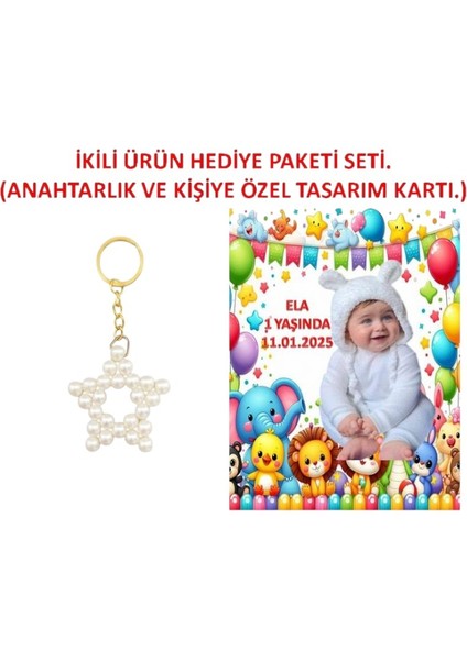 Kişiye Özel Resimli Baskı Kartı ve Anahtarlık Seti. 5 Adet Bebek Partisi Baby Sower 1 Yaş Çocuk Doğum Günü Sünnet Mevlit.