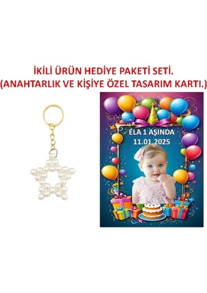 Kişiye Özel Resimli Baskı Kartı ve Anahtarlık Seti. 5 Adet Bebek Partisi Baby Sower 1 Yaş Çocuk Doğum Günü Sünnet Mevlit.