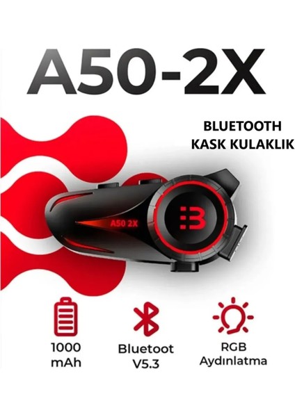 A50-2X 2025 Model 2 Kişi Bağlantılı Bluetooth V5.3 Motosiklet Kask Kulaklık Rgb Renkli Interkom