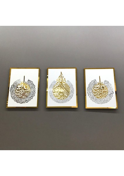Çerçeve Içinde Ayetel Kürsi ve Felak-Nas Sureleri 3'lü Ahşap Akrilik Tablo (Beyaz Zeminli)