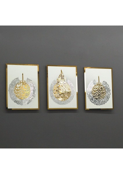 Çerçeve Içinde Ayetel Kürsi ve Felak-Nas Sureleri 3'lü Ahşap Akrilik Tablo (Beyaz Zeminli) fiyatları