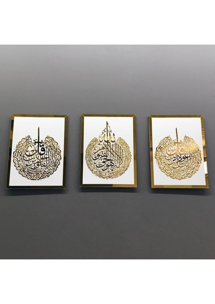 Çerçeve Içinde Ayetel Kürsi ve Felak-Nas Sureleri 3'lü Ahşap Akrilik Tablo (Beyaz Zeminli)