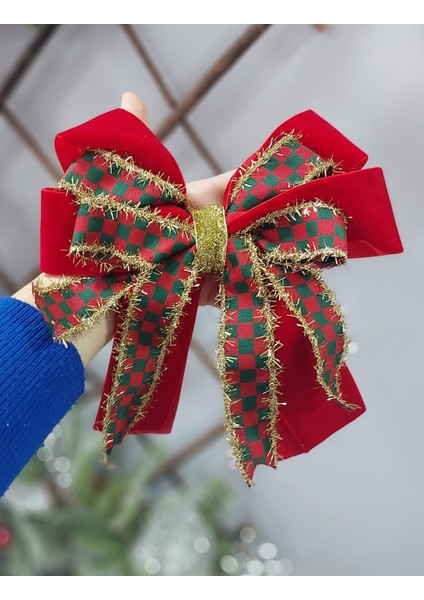 Büyük Kırmızı Yeşil Kadife Fiyonk 25 cm 1 Adet, Yılbaşı, Yılbaşı Süsü, Saç Aksesuar