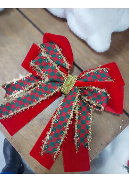 Büyük Kırmızı Yeşil Kadife Fiyonk 25 cm 1 Adet, Yılbaşı, Yılbaşı Süsü, Saç Aksesuar