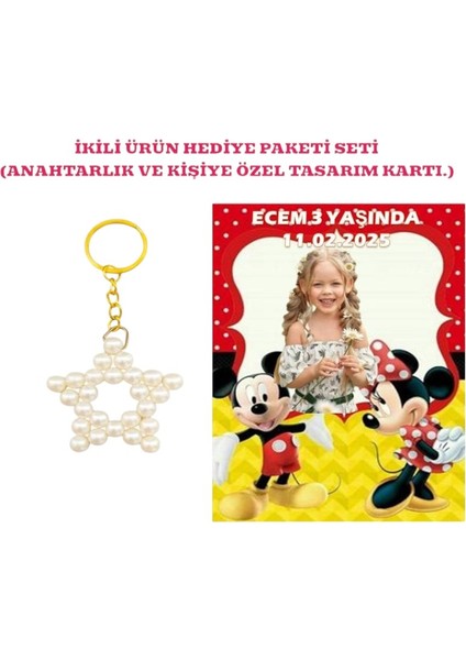 Kişiye Özel Resimli Baskı Kartı ve Anahtarlık Seti. 5 Adet Minnie Mouse Mini Fare Bebek Partisi Baby Sower 1 Yaş Çocuk Doğum Günü Sünnet Mevlit.