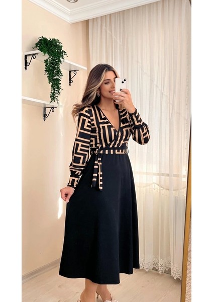 Kadın Uzun Kollu Kruvaze Yaka Dalgıç Krep Midi Boy Elbise