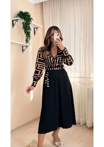 Kadın Uzun Kollu Kruvaze Yaka Dalgıç Krep Midi Boy Elbise fiyatları