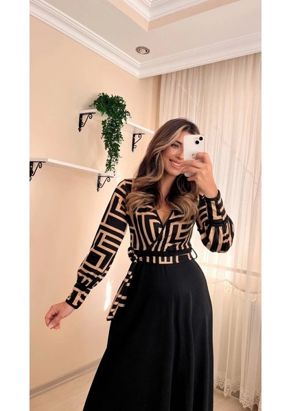 Kadın Uzun Kollu Kruvaze Yaka Dalgıç Krep Midi Boy Elbise modelleri