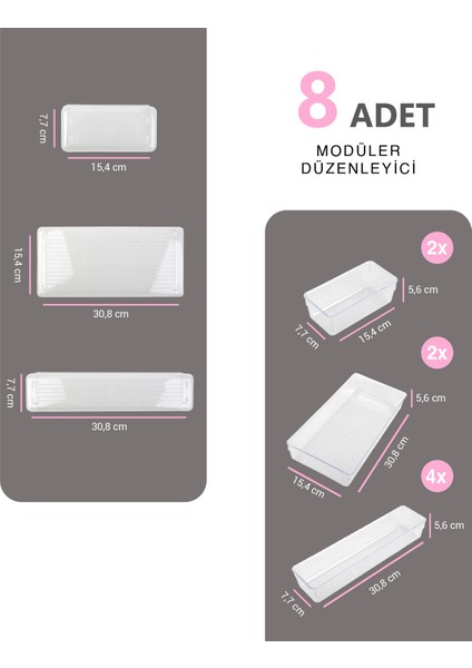 Bozhouse8'li Set Modüler Kepçelik Kaşıklık Mutfak Çekmece Içi Düzenleyici Dolap Içi Makyaj Şeffaf Organizer