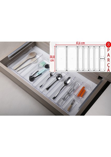 Bozhouse8'li Set Modüler Kepçelik Kaşıklık Mutfak Çekmece Içi Düzenleyici Dolap Içi Makyaj Şeffaf Organizer